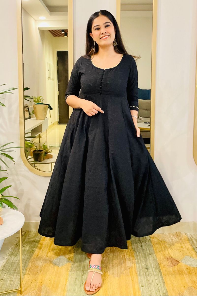 BLACK EMBROIDERED ANARKALI MAXI DRESS - salesmania