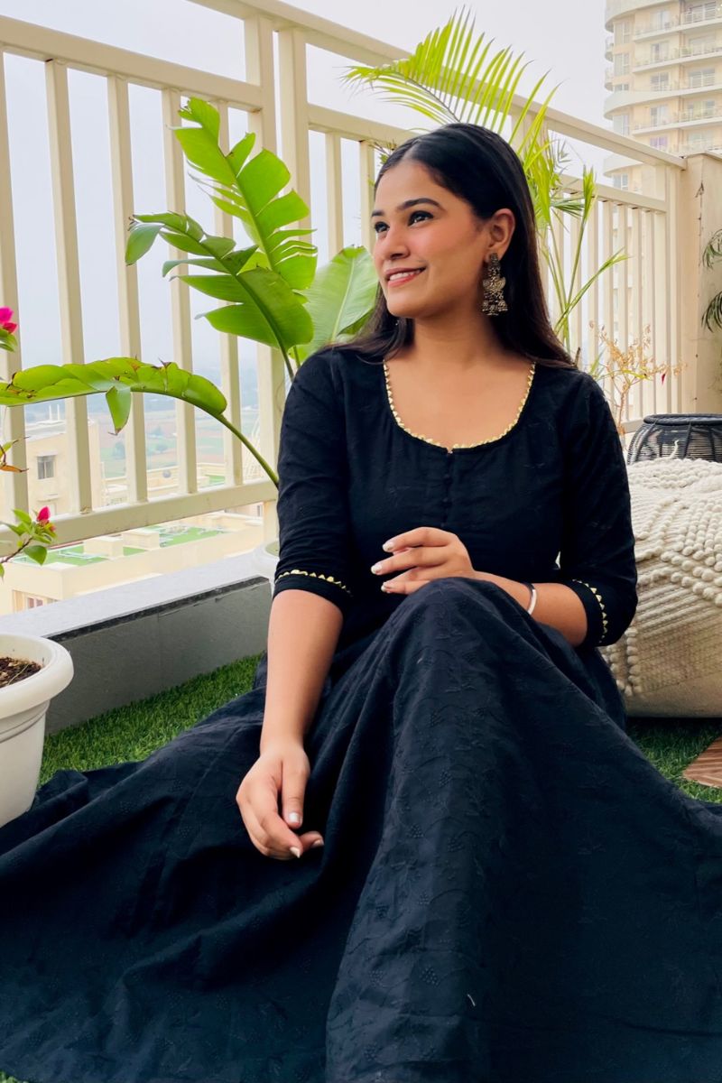 BLACK EMBROIDERED ANARKALI MAXI DRESS - salesmania