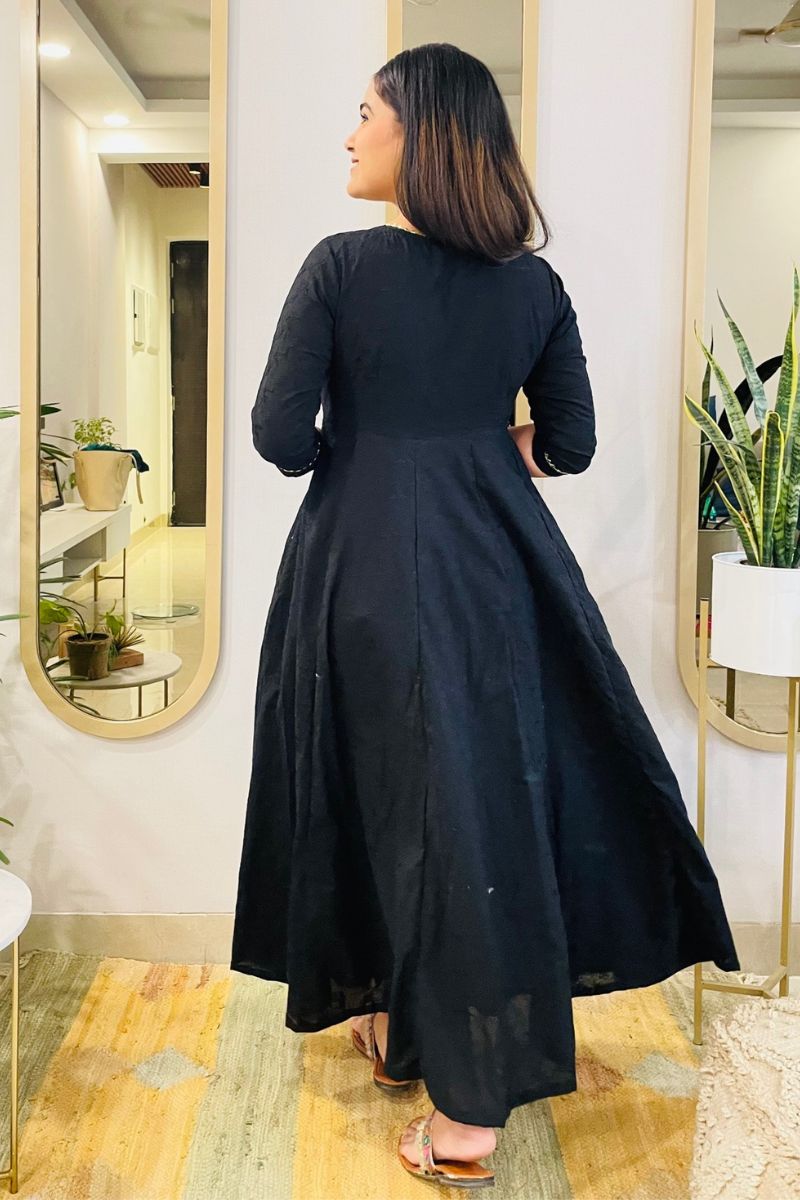 BLACK EMBROIDERED ANARKALI MAXI DRESS - salesmania