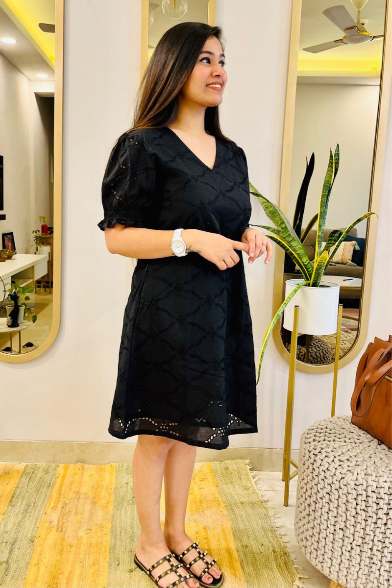 BLACK SCHIFFLI EMBROIDERED FLARED DRESS - salesmania