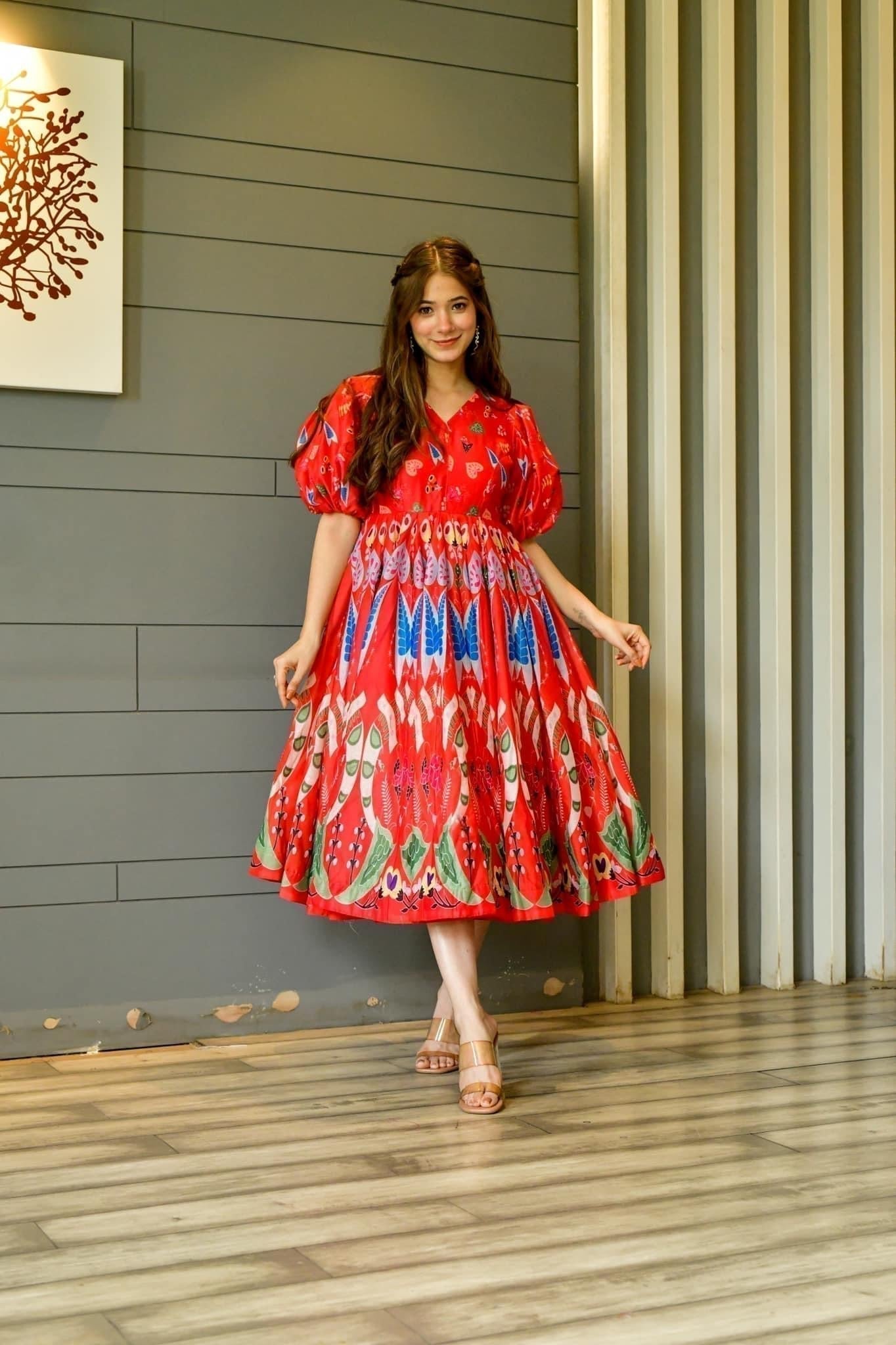 bloom red chanderi dress - salesmania