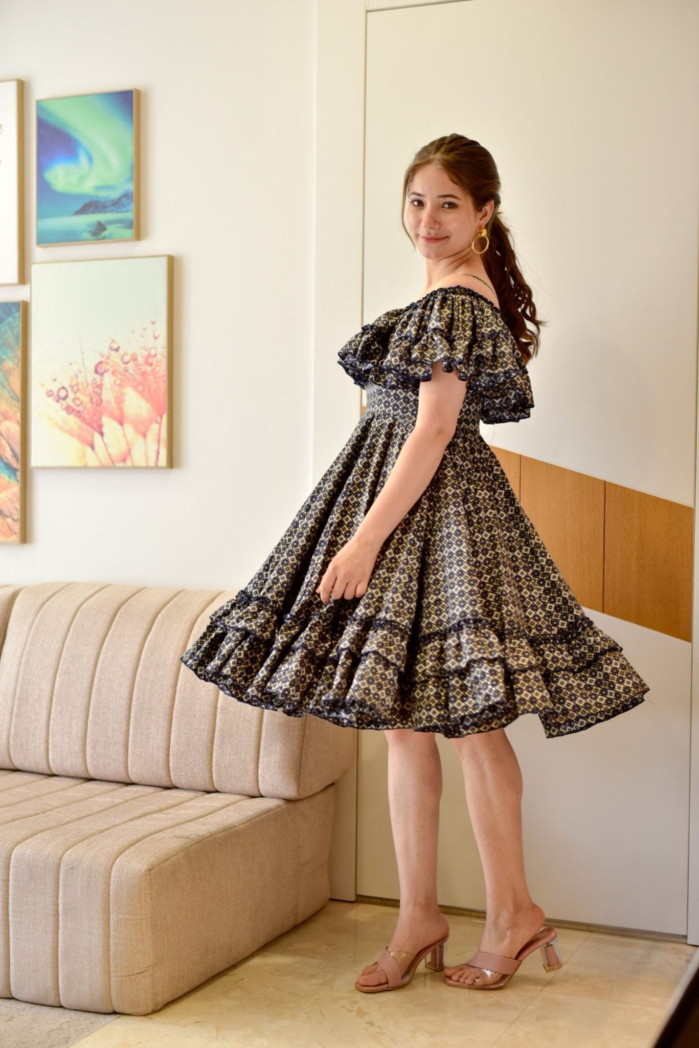 blue blossomy checks printed dress - salesmania