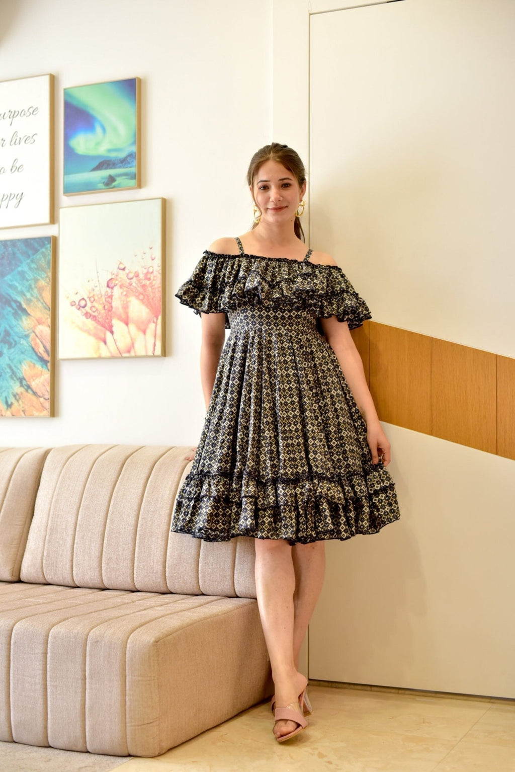 blue blossomy checks printed dress - salesmania