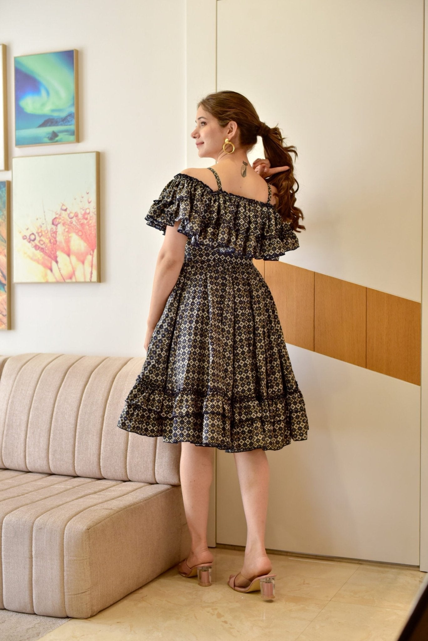 blue blossomy checks printed dress - salesmania