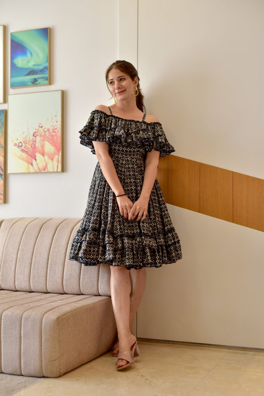 blue blossomy checks printed dress - salesmania