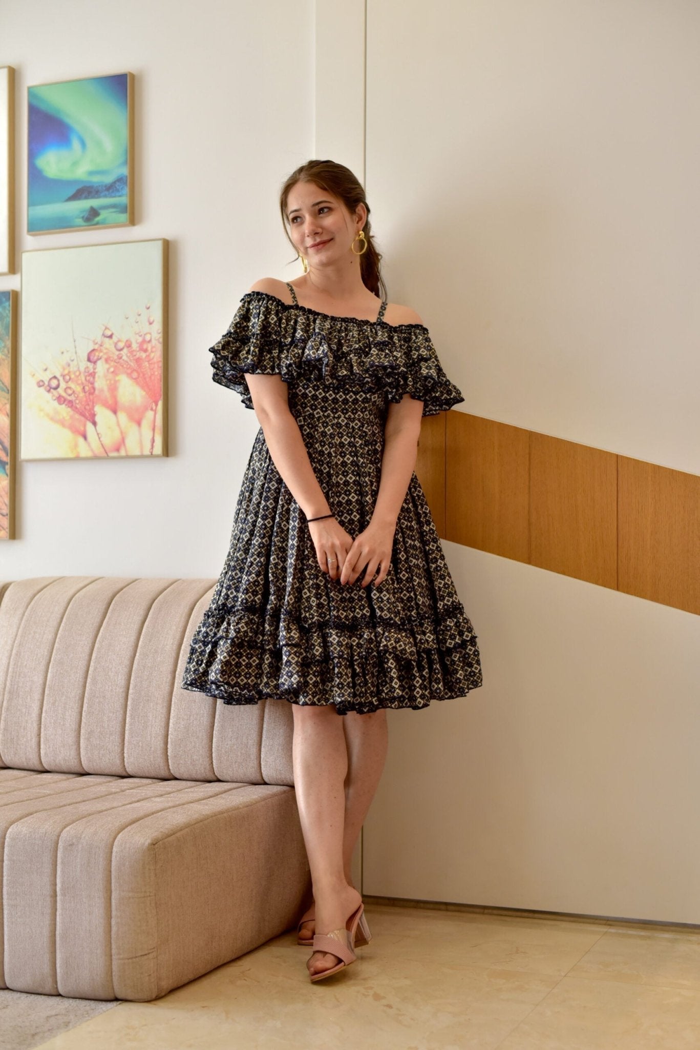 blue blossomy checks printed dress - salesmania