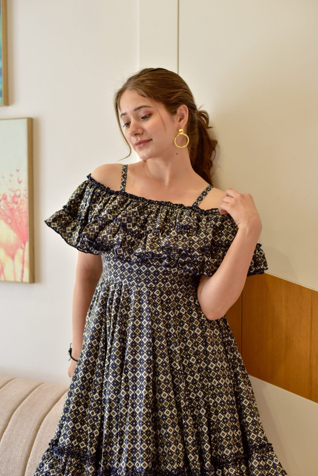 blue blossomy checks printed dress - salesmania