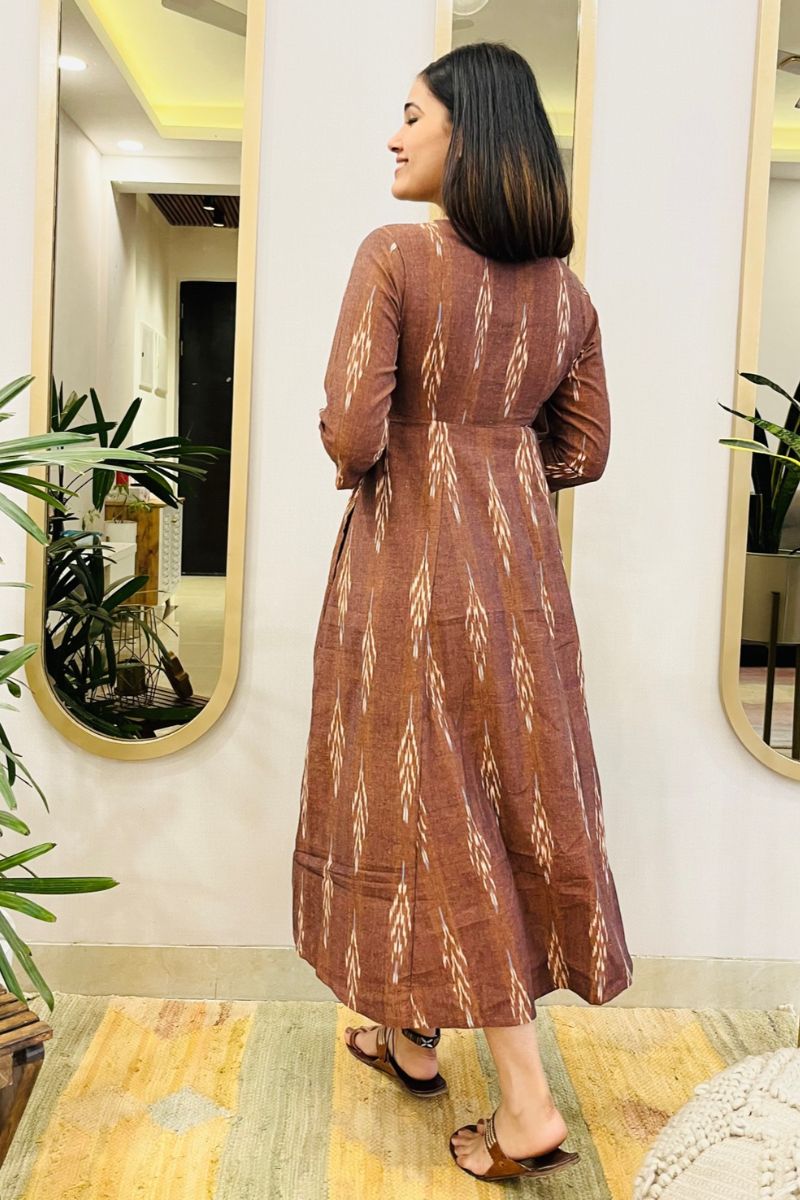 BROWN IKAT ANGRAKHA DRESS WITH YELLOW DETAIL - salesmania