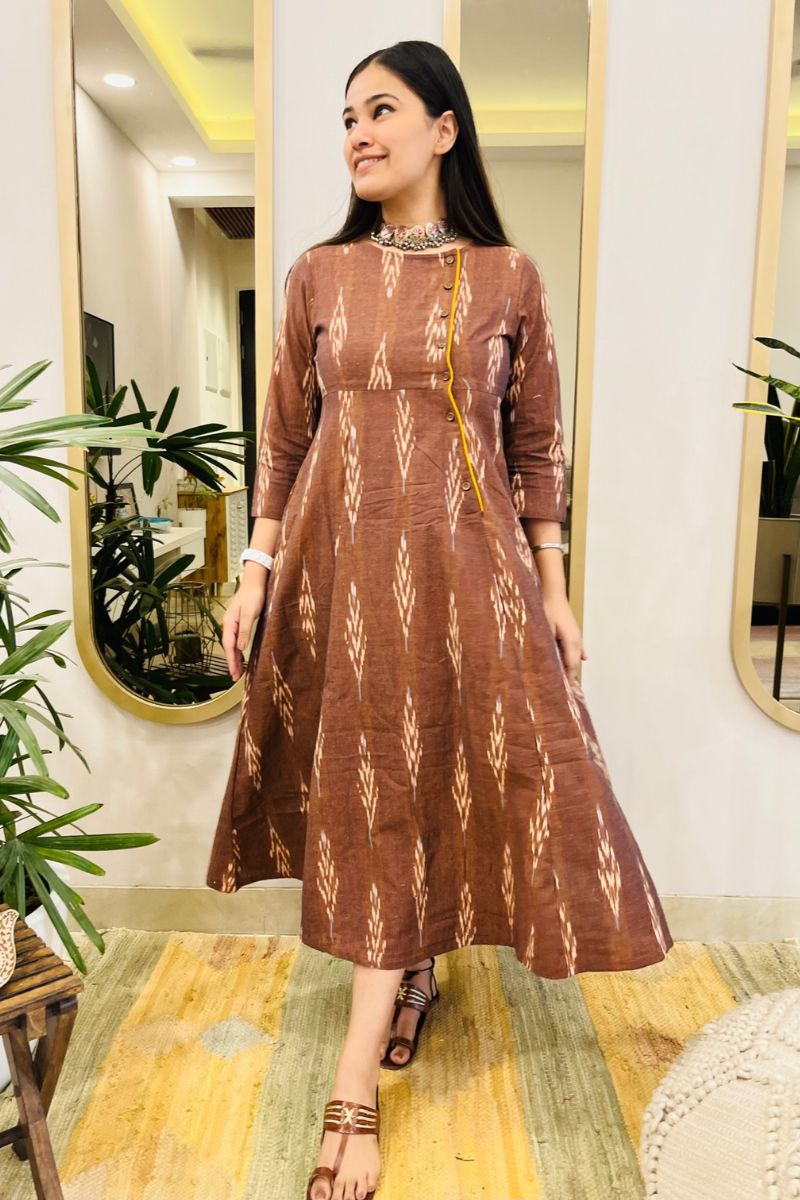 BROWN IKAT ANGRAKHA DRESS WITH YELLOW DETAIL - salesmania
