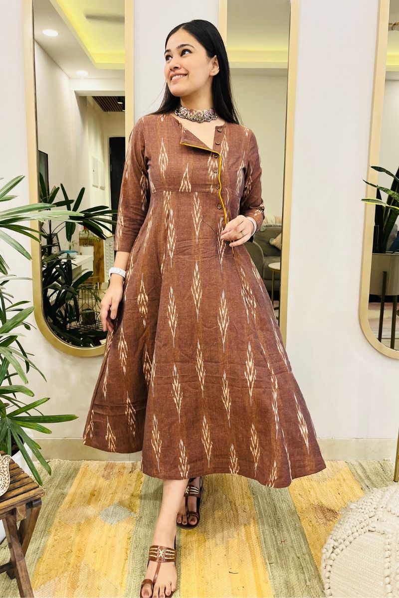 BROWN IKAT ANGRAKHA DRESS WITH YELLOW DETAIL - salesmania