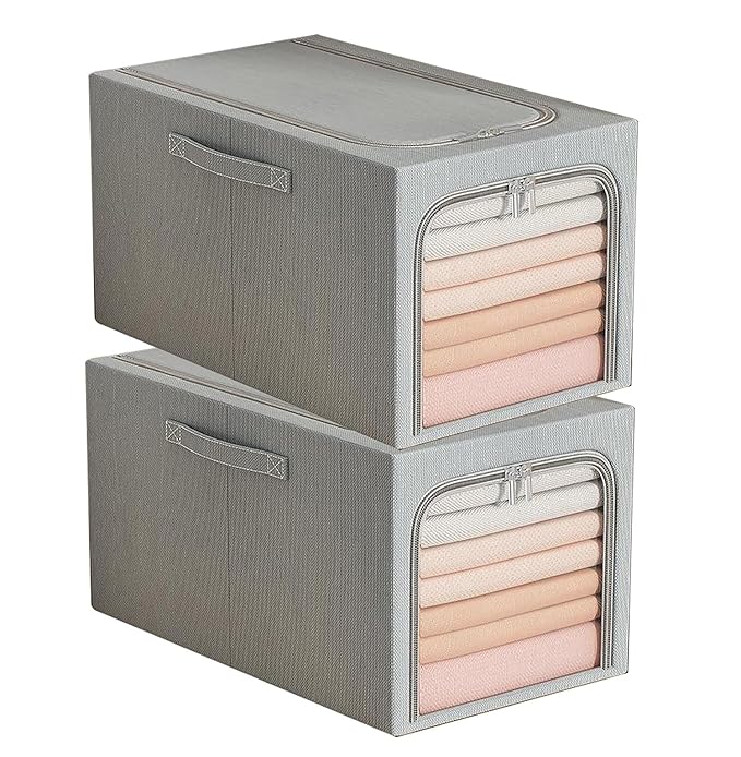 Clothes Storage Bins Quilts Storage Organizer with Metal Frame & Handle (Grey) - salesmania