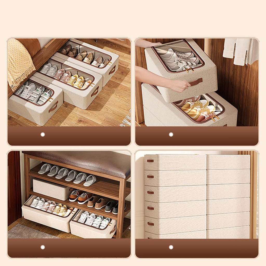 Cotton Linen Foldable Under Bed Storage Box with Transparent Lid - Beige - salesmania