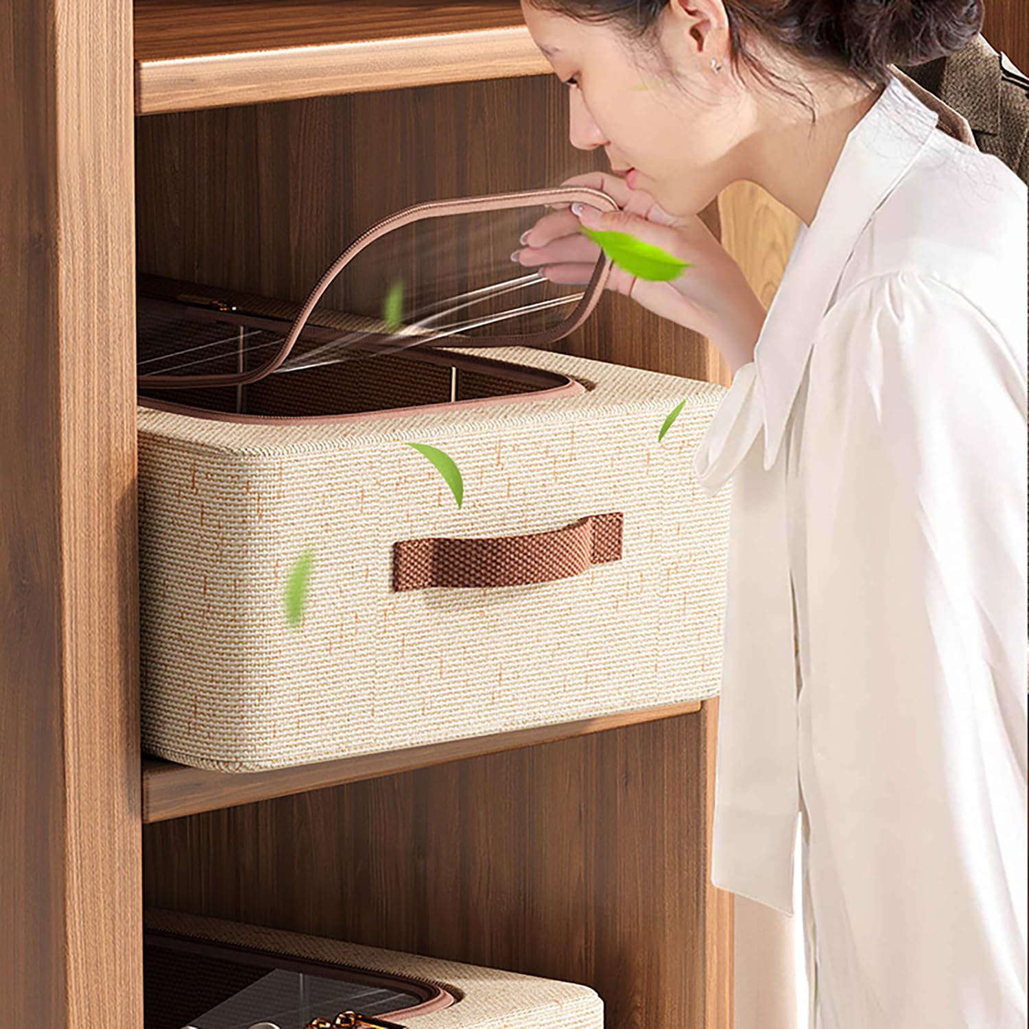 Cotton Linen Foldable Under Bed Storage Box with Transparent Lid - Beige - salesmania