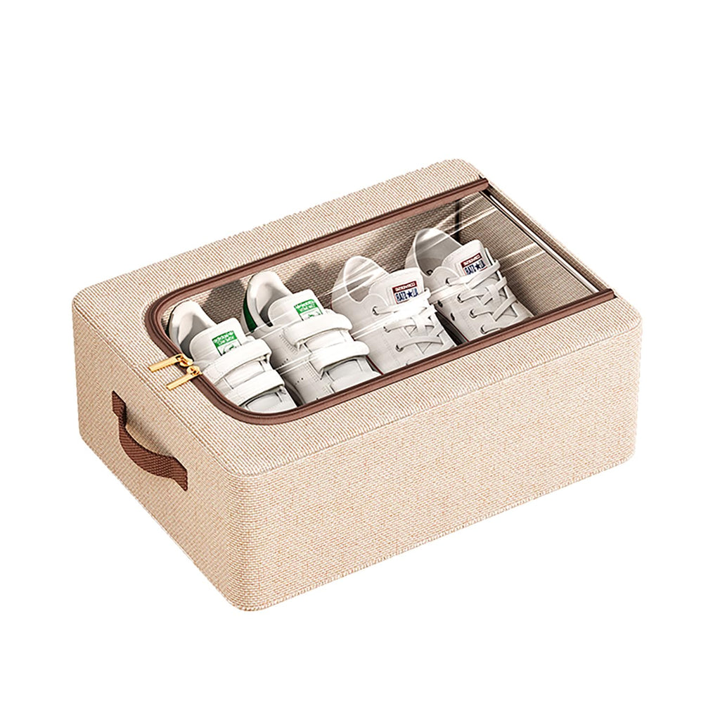 Cotton Linen Foldable Under Bed Storage Box with Transparent Lid - Beige - salesmania