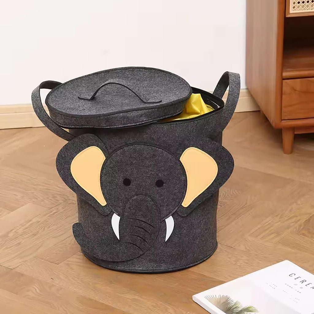 Felt Kids Cartoon Laundry Basket With Lid Round Storage Basket - salesmania