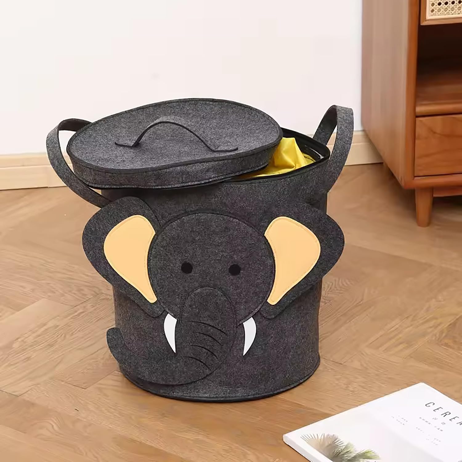 Felt Kids Cartoon Laundry Basket With Lid Round Storage Basket - salesmania