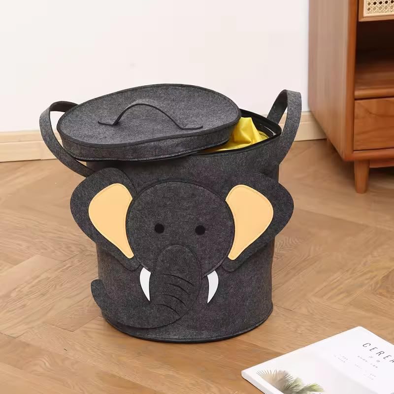 Felt Kids Cartoon Laundry Basket With Lid Round Storage Basket - salesmania