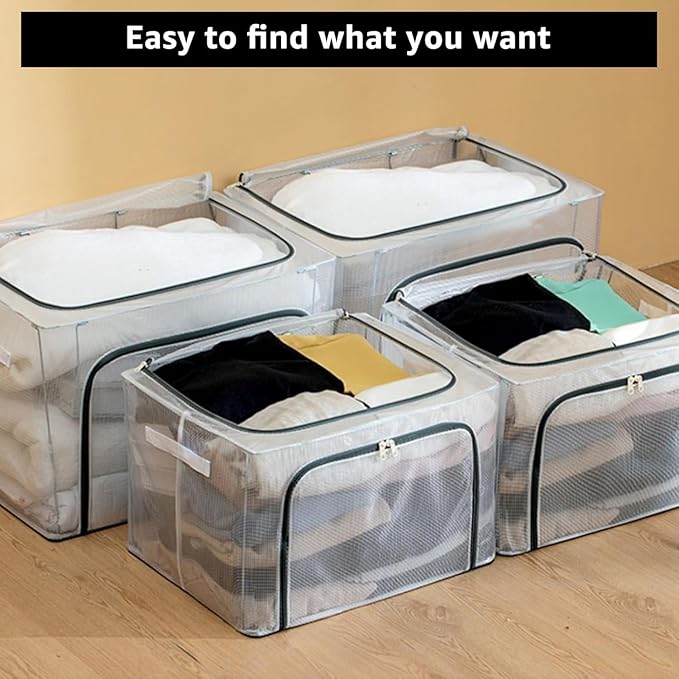 Foldable Transparent Storage Bags with Stainless Steel Frame (Blue, 24L) - salesmania