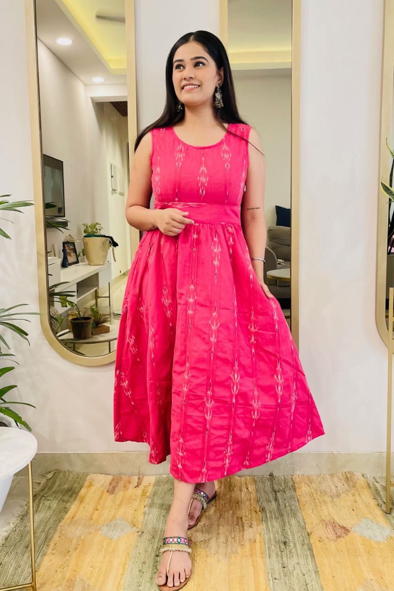 FUSCHIA IKAT BOW BACK FLARED DRESS - salesmania