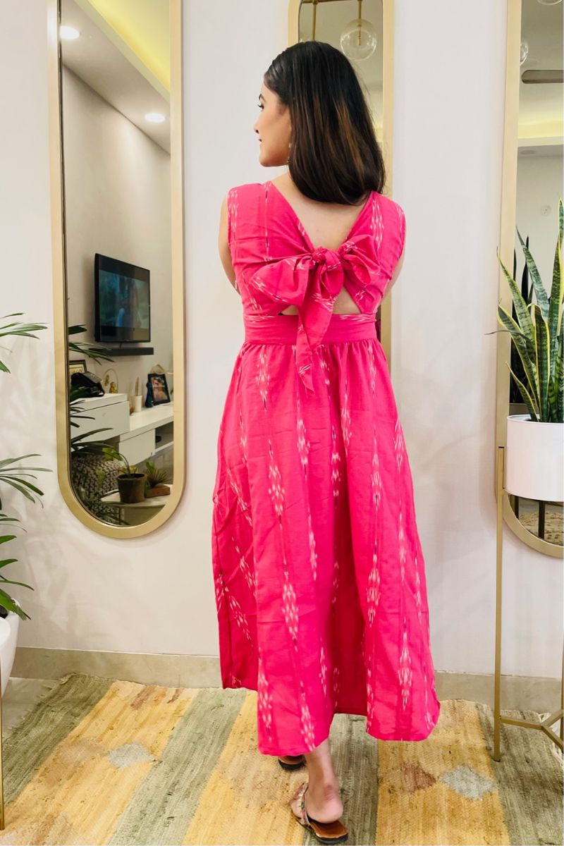 FUSCHIA IKAT BOW BACK FLARED DRESS - salesmania