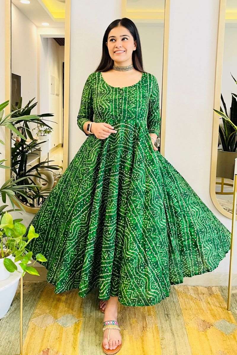GREEN BANDHANI TWIRL MAXI DRESS - salesmania