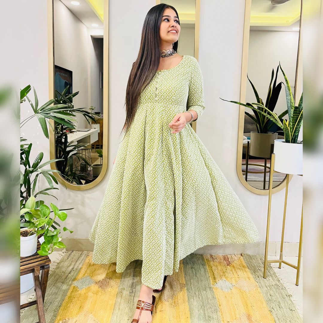 GREEN EMBROIDERED ANARKALI MAXI DRESS - salesmania