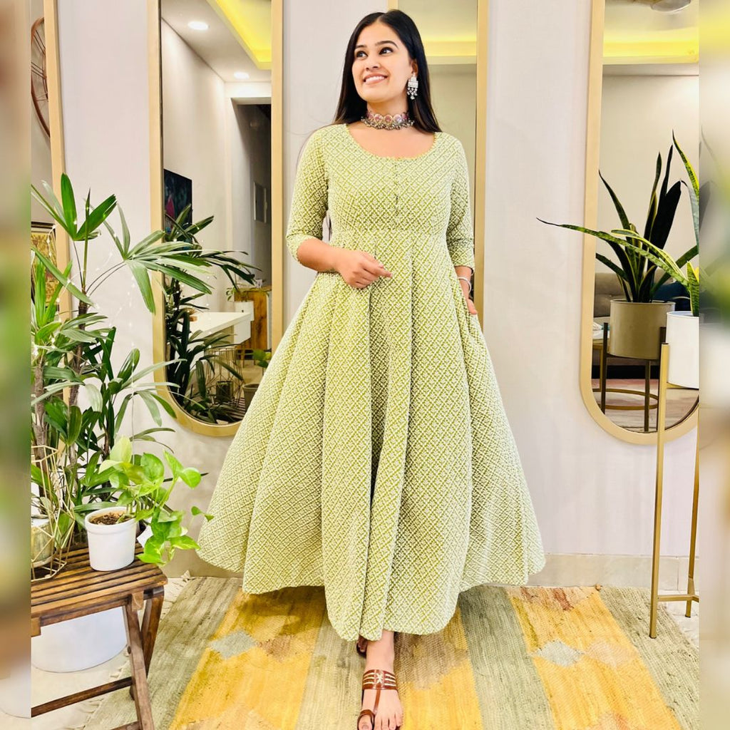 GREEN EMBROIDERED ANARKALI MAXI DRESS - salesmania