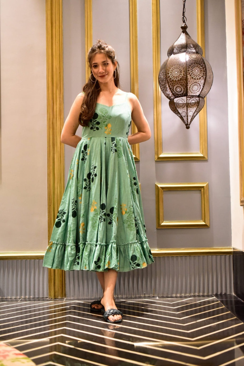 Green midi floral dress - salesmania