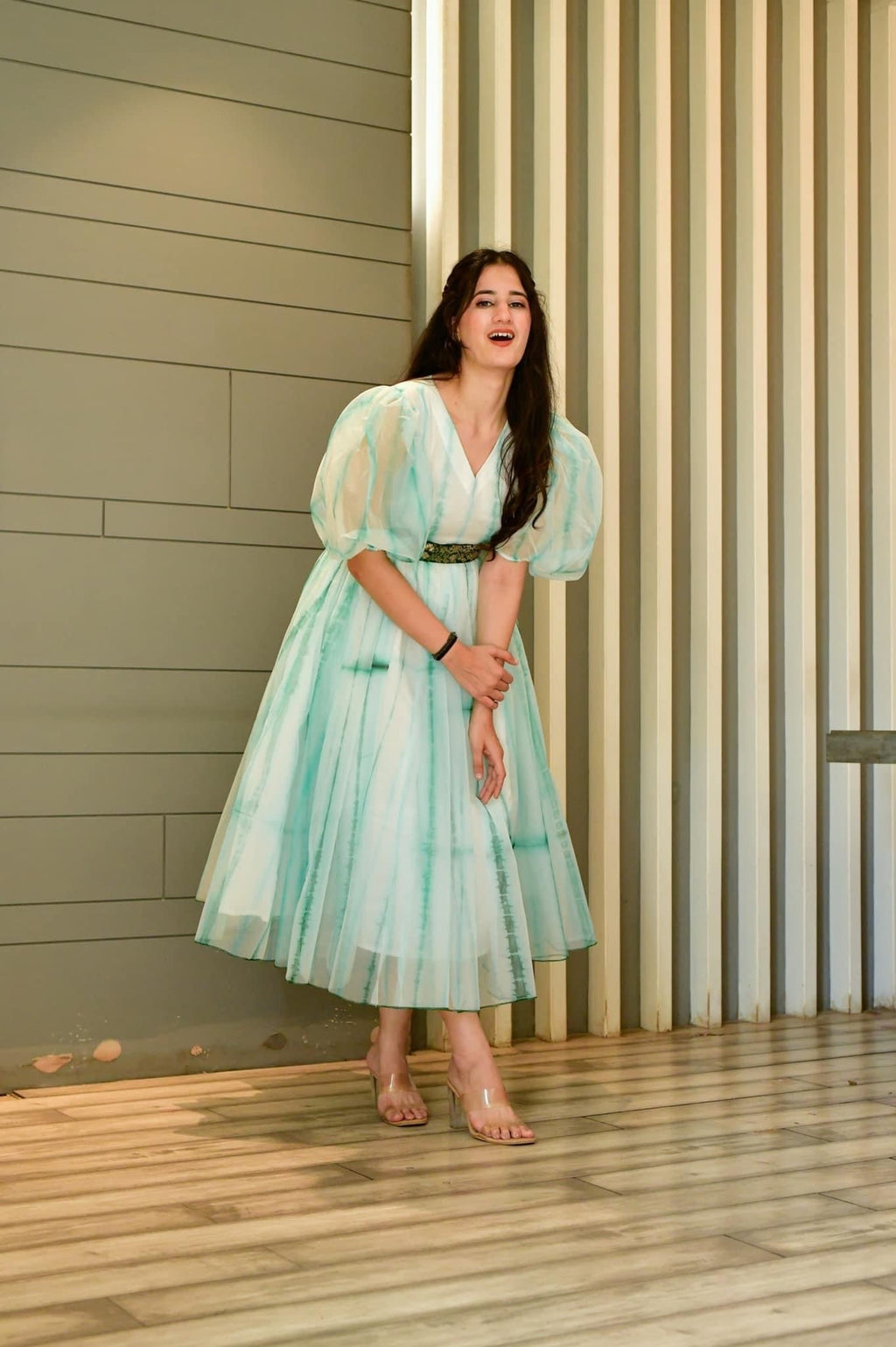 Green shibori organza dress - salesmania