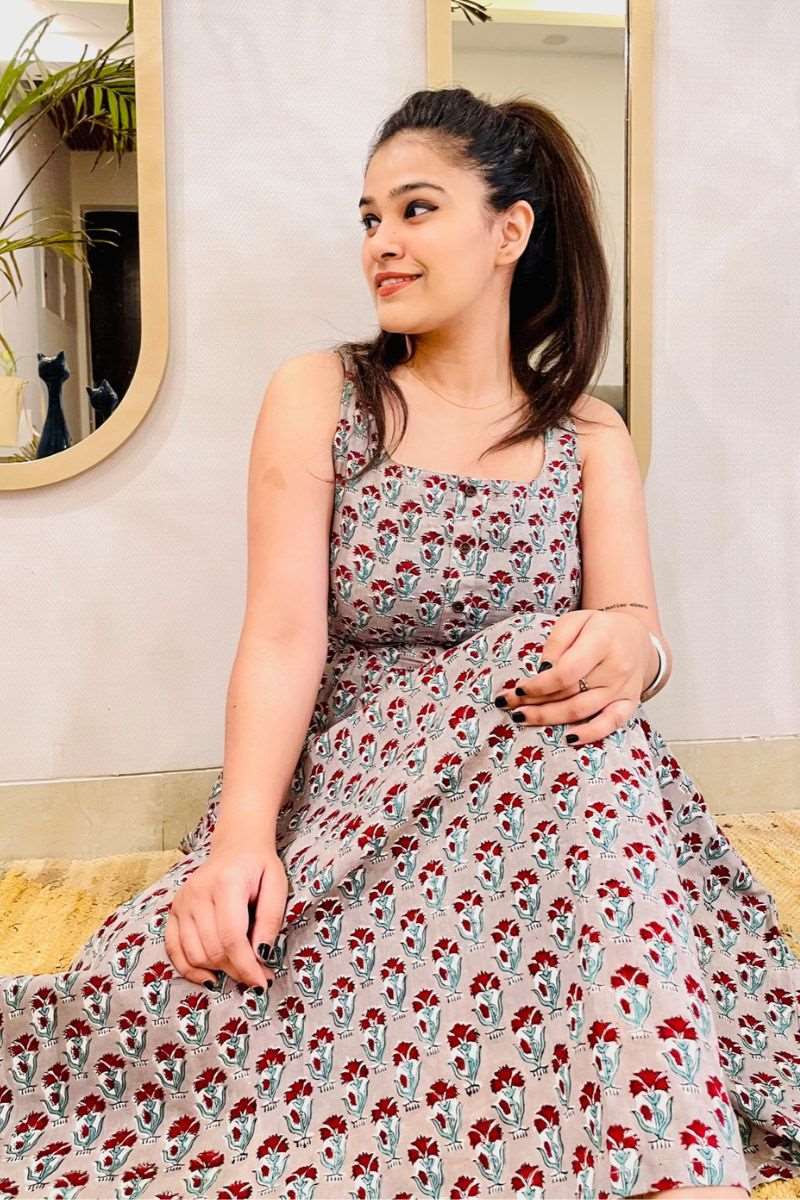 GREY HAND BLOCK PRINT MAXI DRESS - salesmania