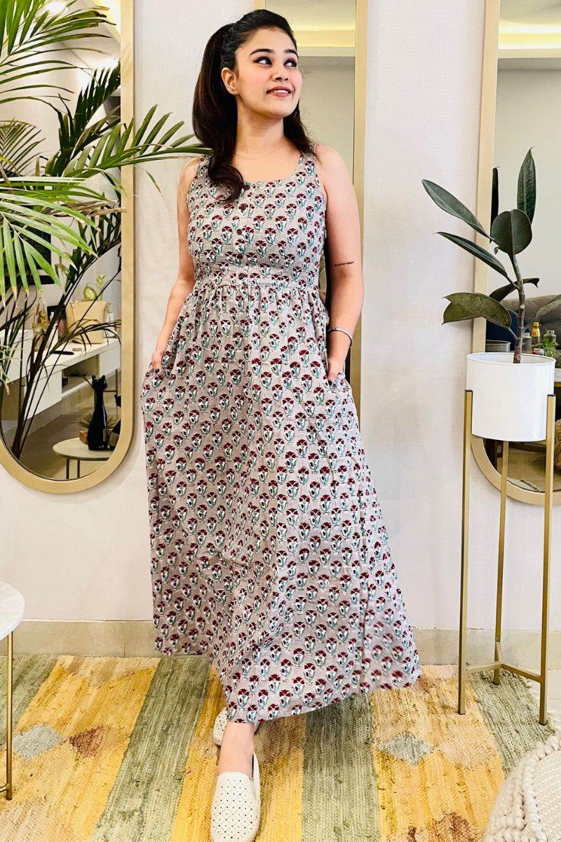 GREY HAND BLOCK PRINT MAXI DRESS - salesmania