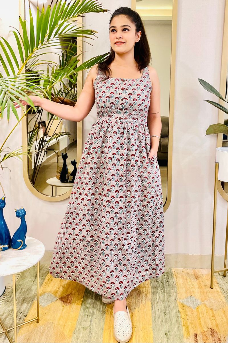 GREY HAND BLOCK PRINT MAXI DRESS - salesmania
