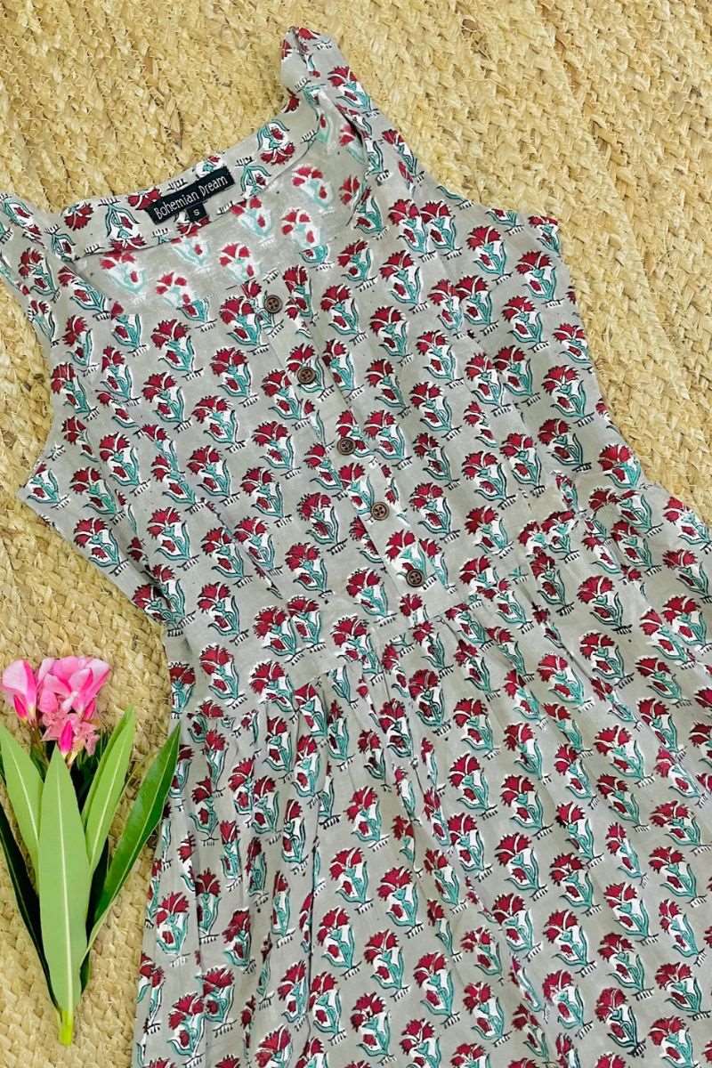 GREY HAND BLOCK PRINT MAXI DRESS - salesmania