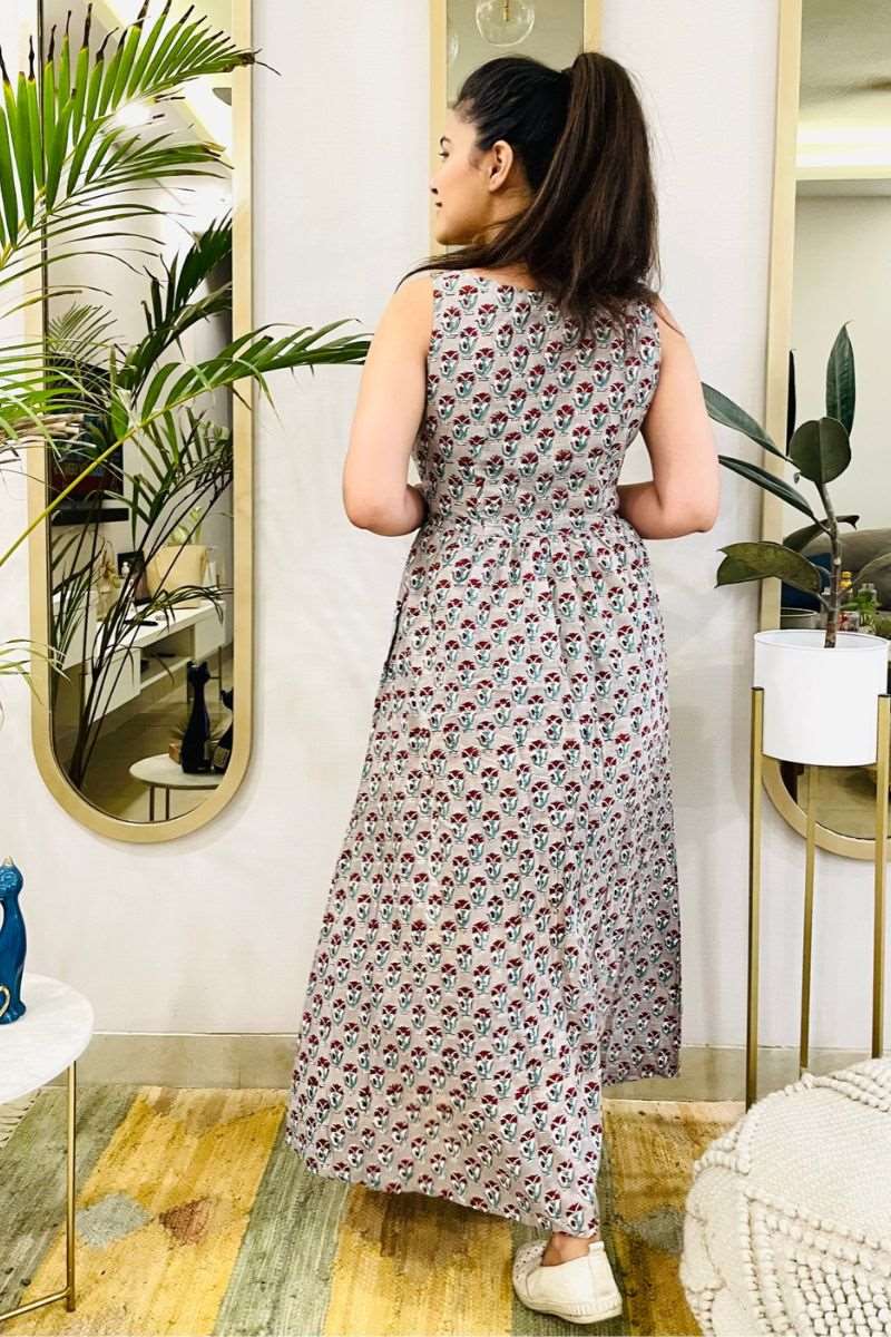 GREY HAND BLOCK PRINT MAXI DRESS - salesmania