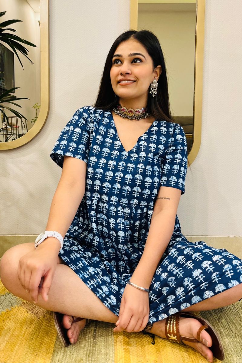 INDIGO BLOCK PRINT FLARED DRESS - salesmania