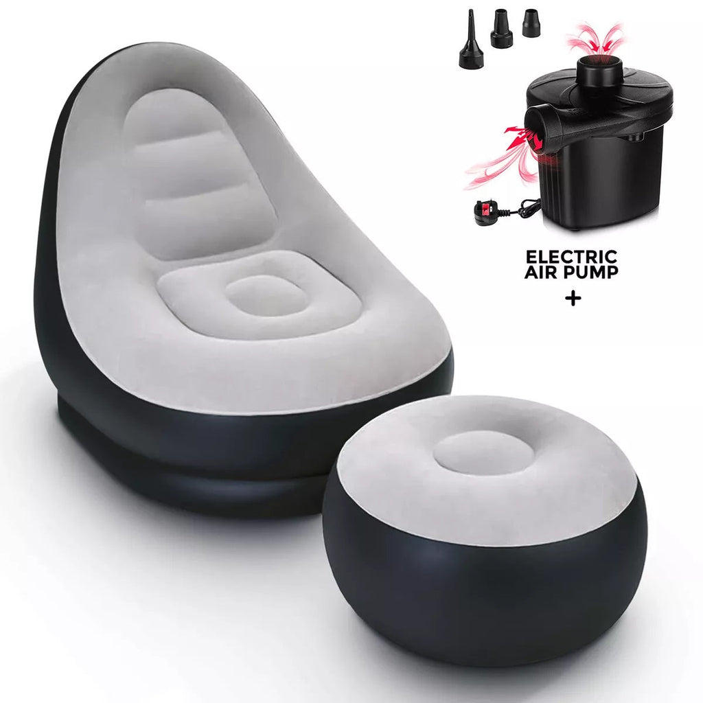 Inflatable Lounge Chair with Ottoman Blow Up Chaise Lounge Air Lazy Sofa Set for Indoor/Outdoor - salesmania