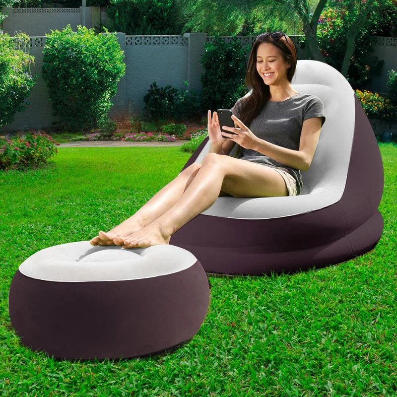 Inflatable Lounge Chair with Ottoman Blow Up Chaise Lounge Air Lazy Sofa Set for Indoor/Outdoor - salesmania