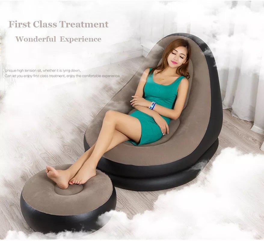 Inflatable Lounge Chair with Ottoman Blow Up Chaise Lounge Air Lazy Sofa Set for Indoor/Outdoor - salesmania