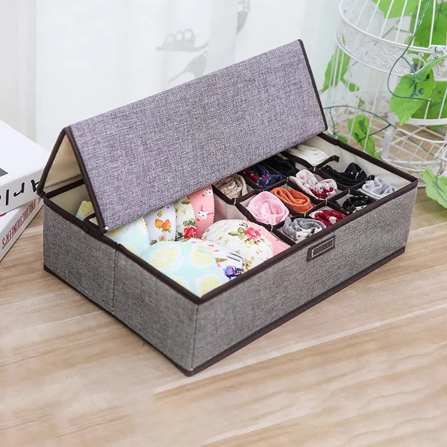 Innerwear Organizer 16+1 Compartment Foldable Fabric Storage Box(44 x 28 x 12 cm Linen Grey Cream) - salesmania