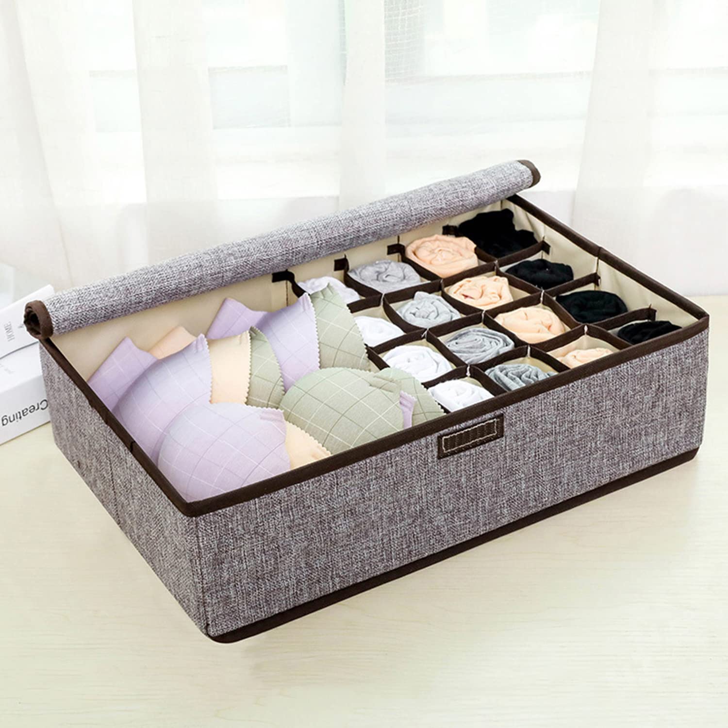 Innerwear Organizer 16+1 Compartment Foldable Fabric Storage Box(44 x 28 x 12 cm Linen Grey Cream) - salesmania