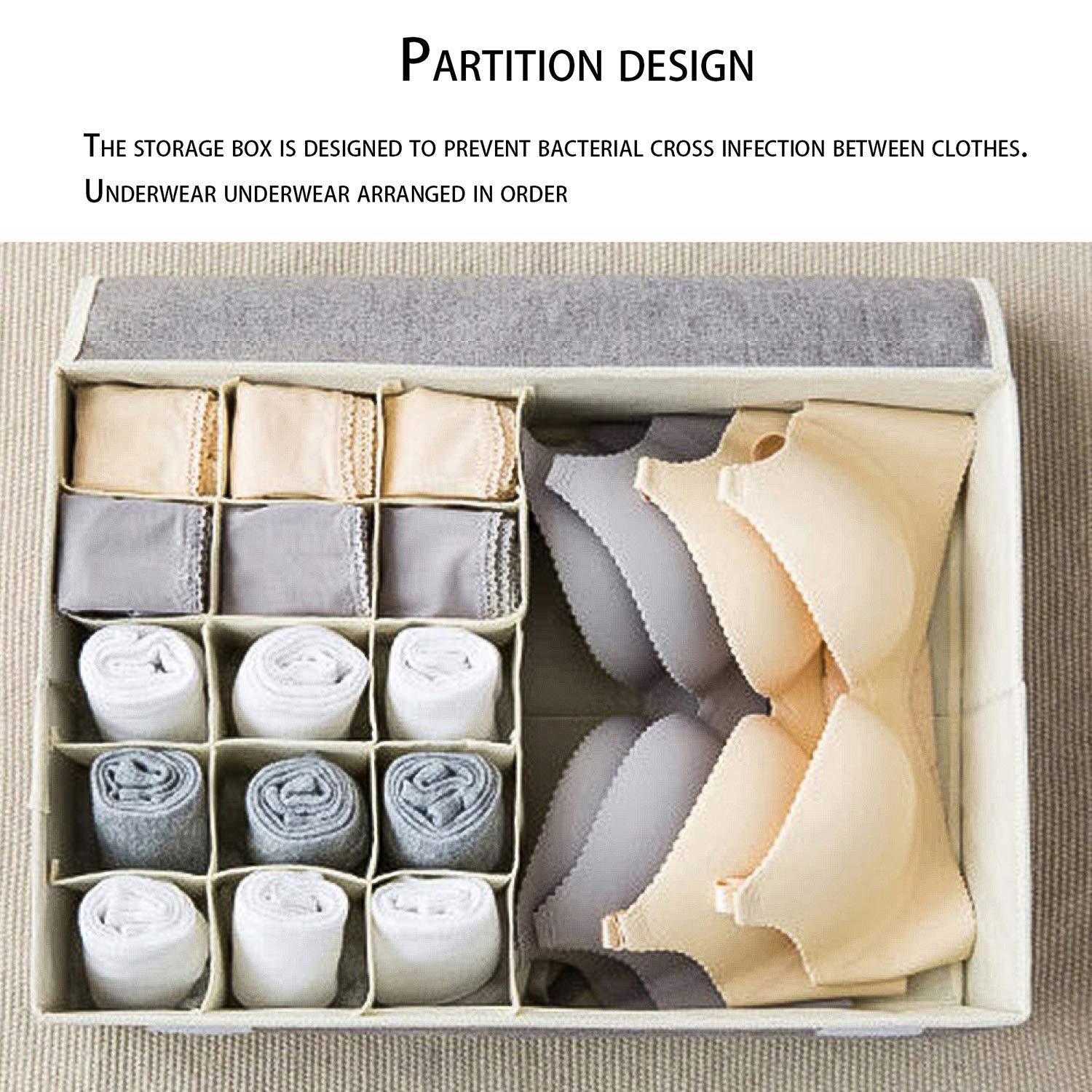 Innerwear Organizer 16+1 Compartment Foldable Fabric Storage Box(44 x 28 x 12 cm Linen Grey Cream) - salesmania