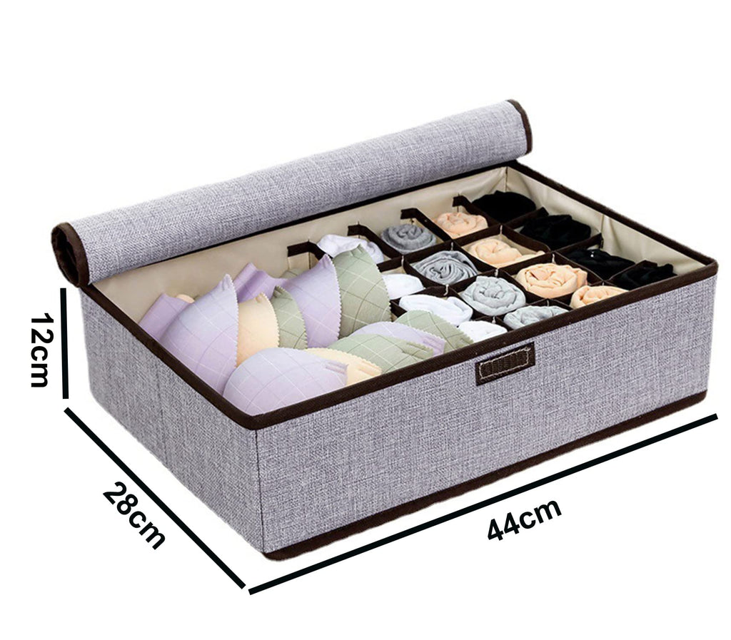 Innerwear Organizer 16+1 Compartment Foldable Fabric Storage Box(44 x 28 x 12 cm Linen Grey Cream) - salesmania