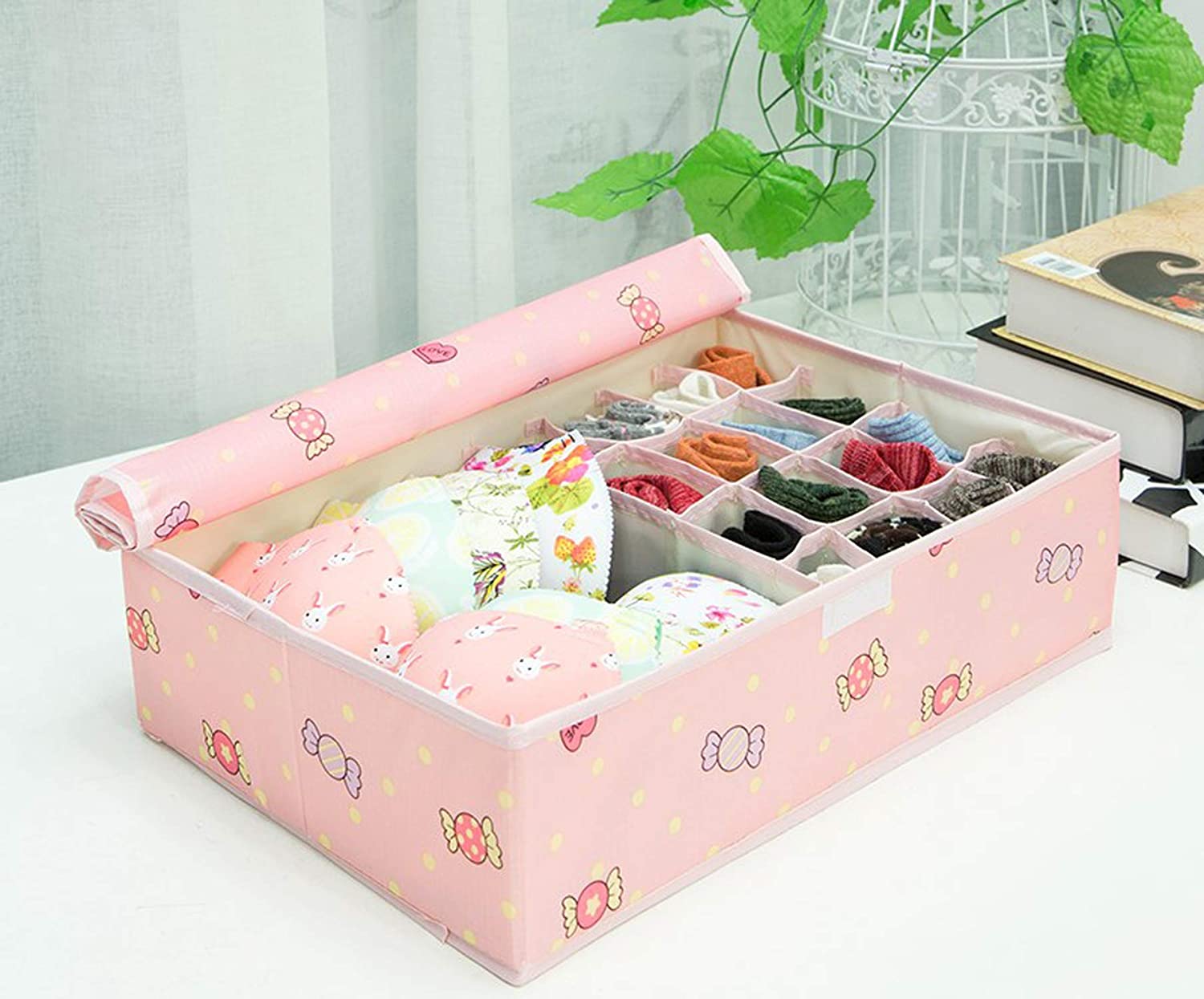 Innerwear Organizer 16+1 Compartment Non Woven Foldable Fabric Storage Box for Closet - (Pink Candy) - salesmania