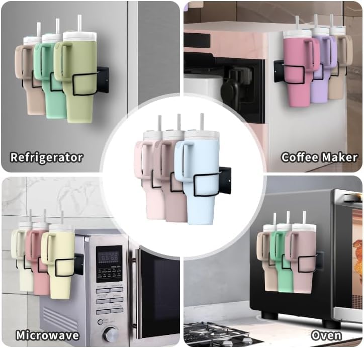 Magnetic 3 - Cup Tumbler Holder Water Bottle Lid & Straw Organizer Rack With Hook(Black) - salesmania