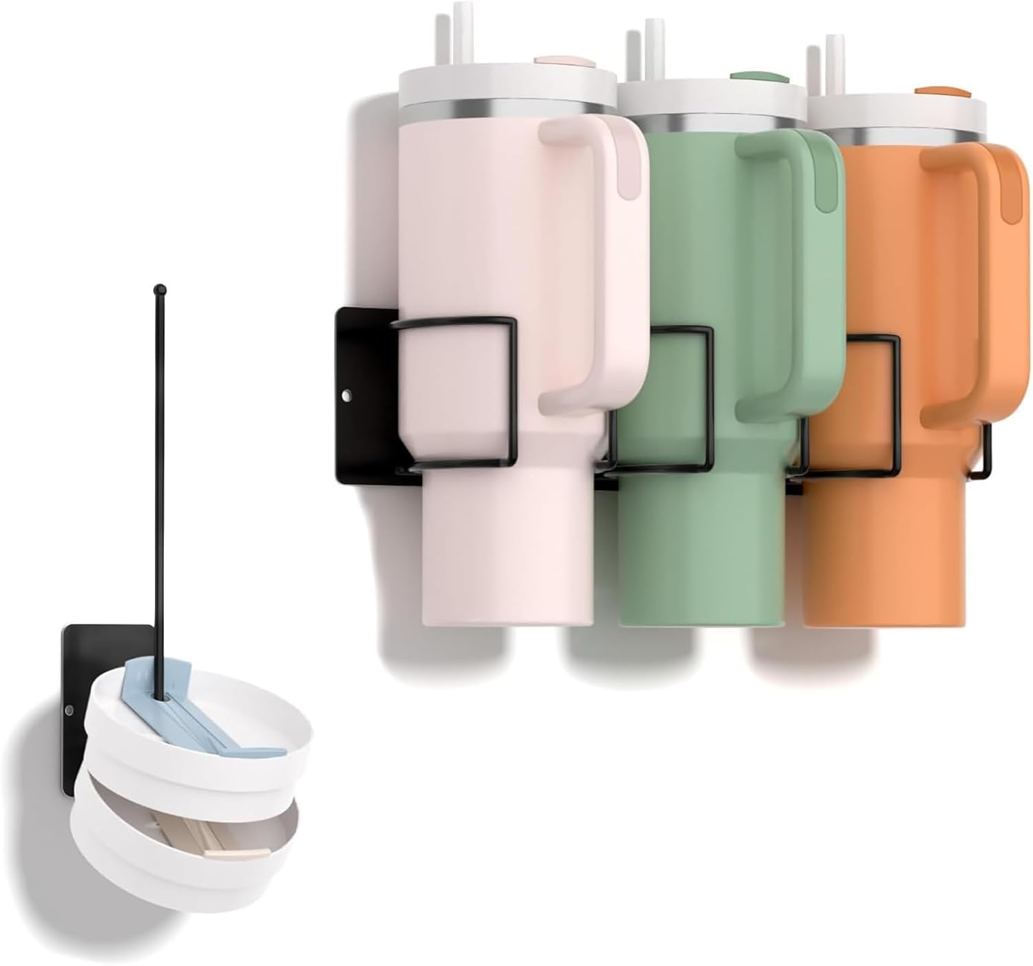 Magnetic 3 - Cup Tumbler Holder Water Bottle Lid & Straw Organizer Rack With Hook(Black) - salesmania