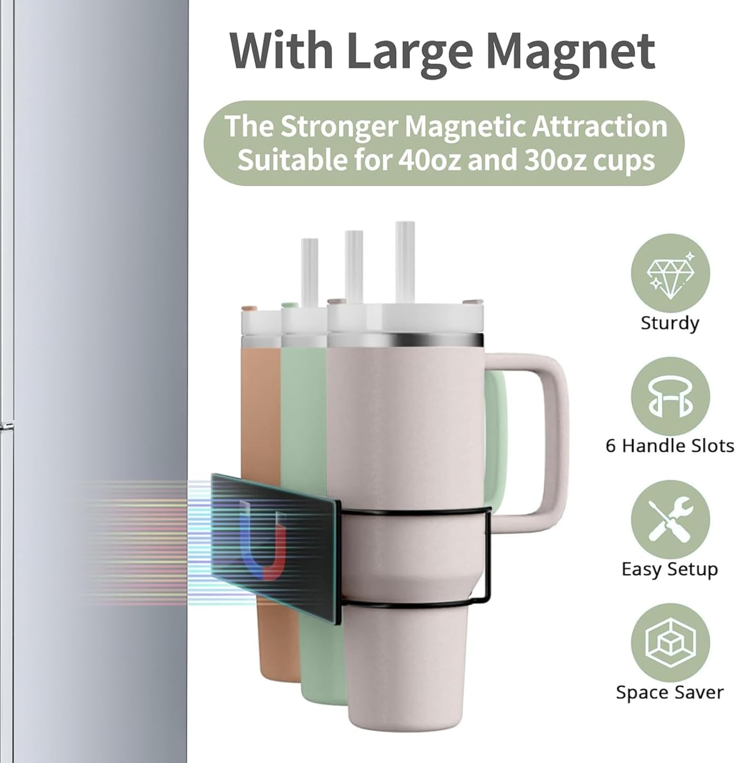 Magnetic 3 - Cup Tumbler Holder Water Bottle Lid & Straw Organizer Rack(Black) - salesmania