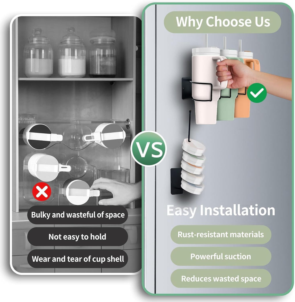 Magnetic 3 - Cup Tumbler Holder Water Bottle Lid & Straw Organizer Rack(Black) - salesmania