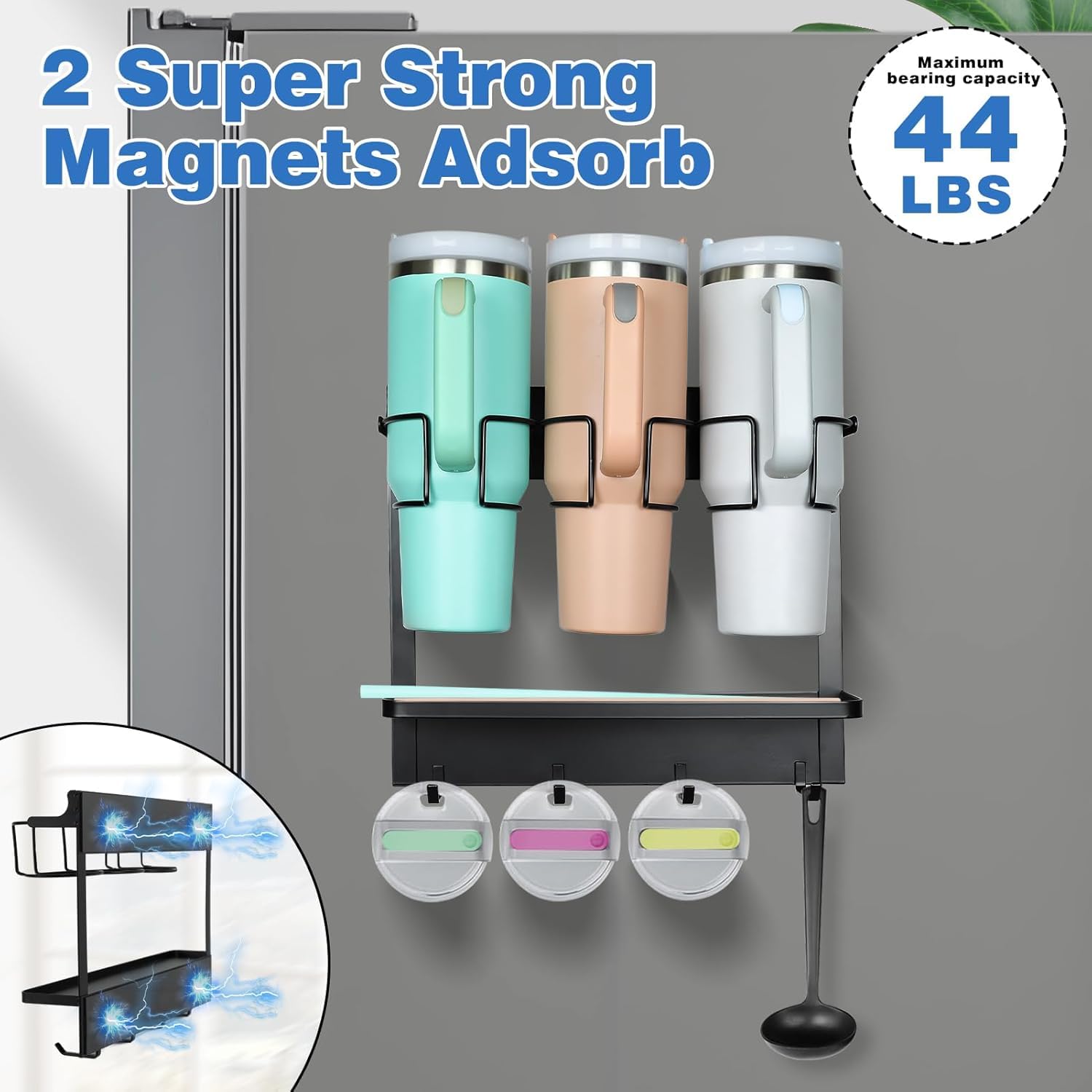 Magnetic Tumbler Organizer for 40 oz Water Bottle Holder with 4 Hooks (Black) - salesmania