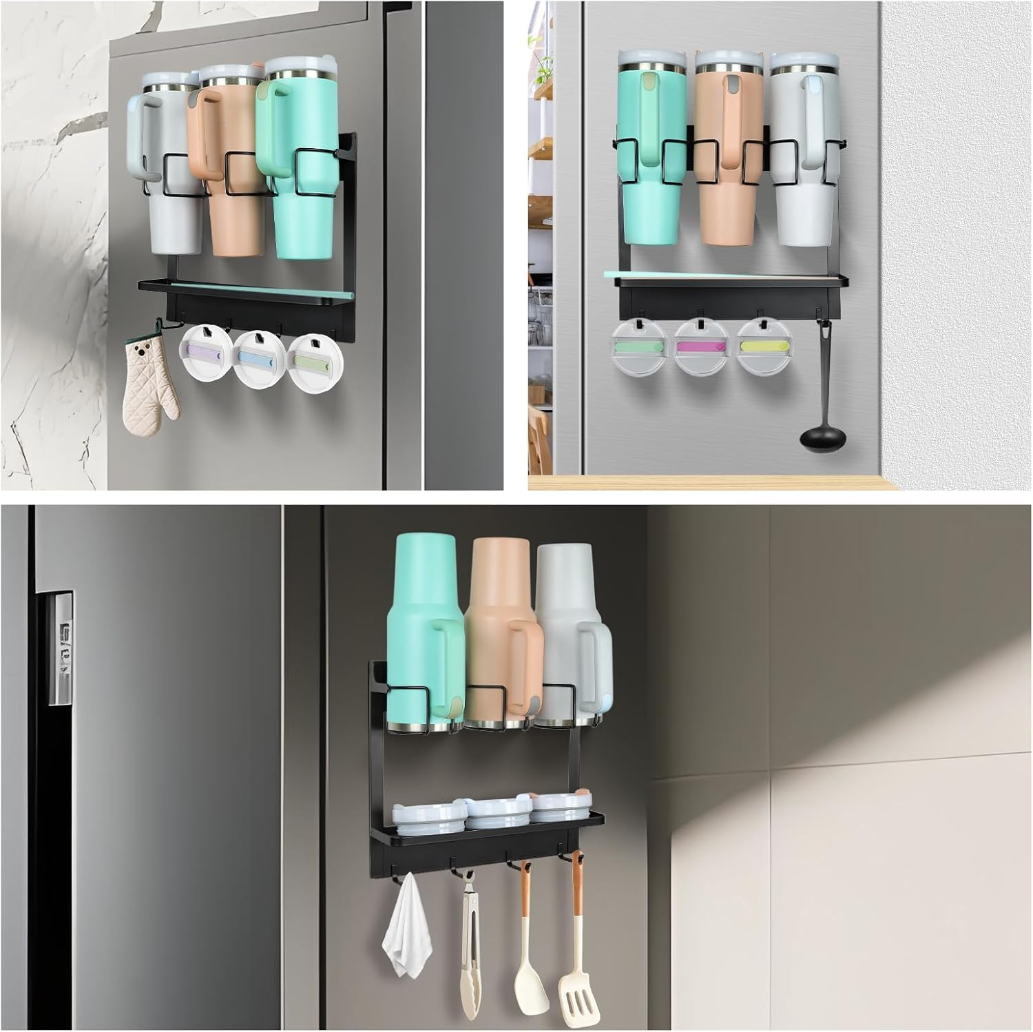 Magnetic Tumbler Organizer for 40 oz Water Bottle Holder with 4 Hooks (Black) - salesmania