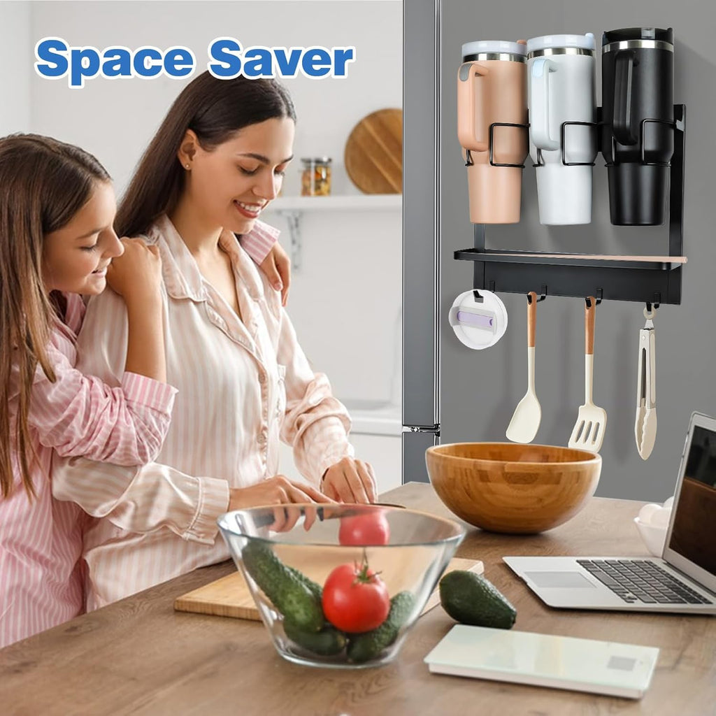 Magnetic Tumbler Organizer for 40 oz Water Bottle Holder with 4 Hooks (Black) - salesmania